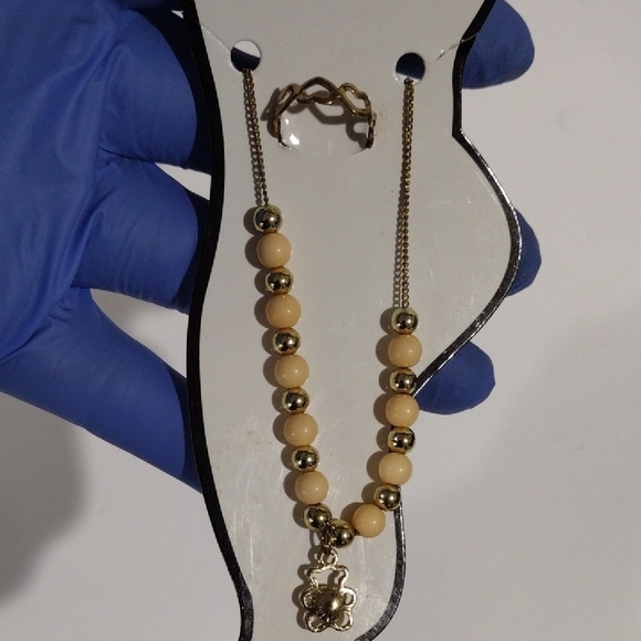 Beaded Gold-Tone Anklet Flower Charm & Matching Toe Ring – Summer Beach Jewelry - Picture 9 of 9